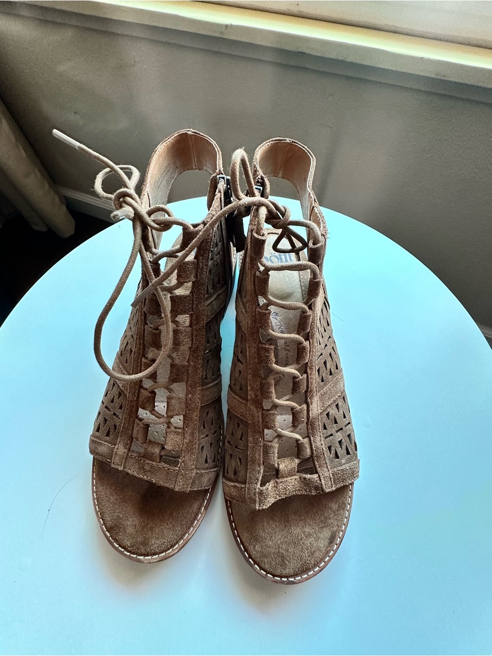 Sofft Taupe Brown Lace-Up Cutout Suede Sandals